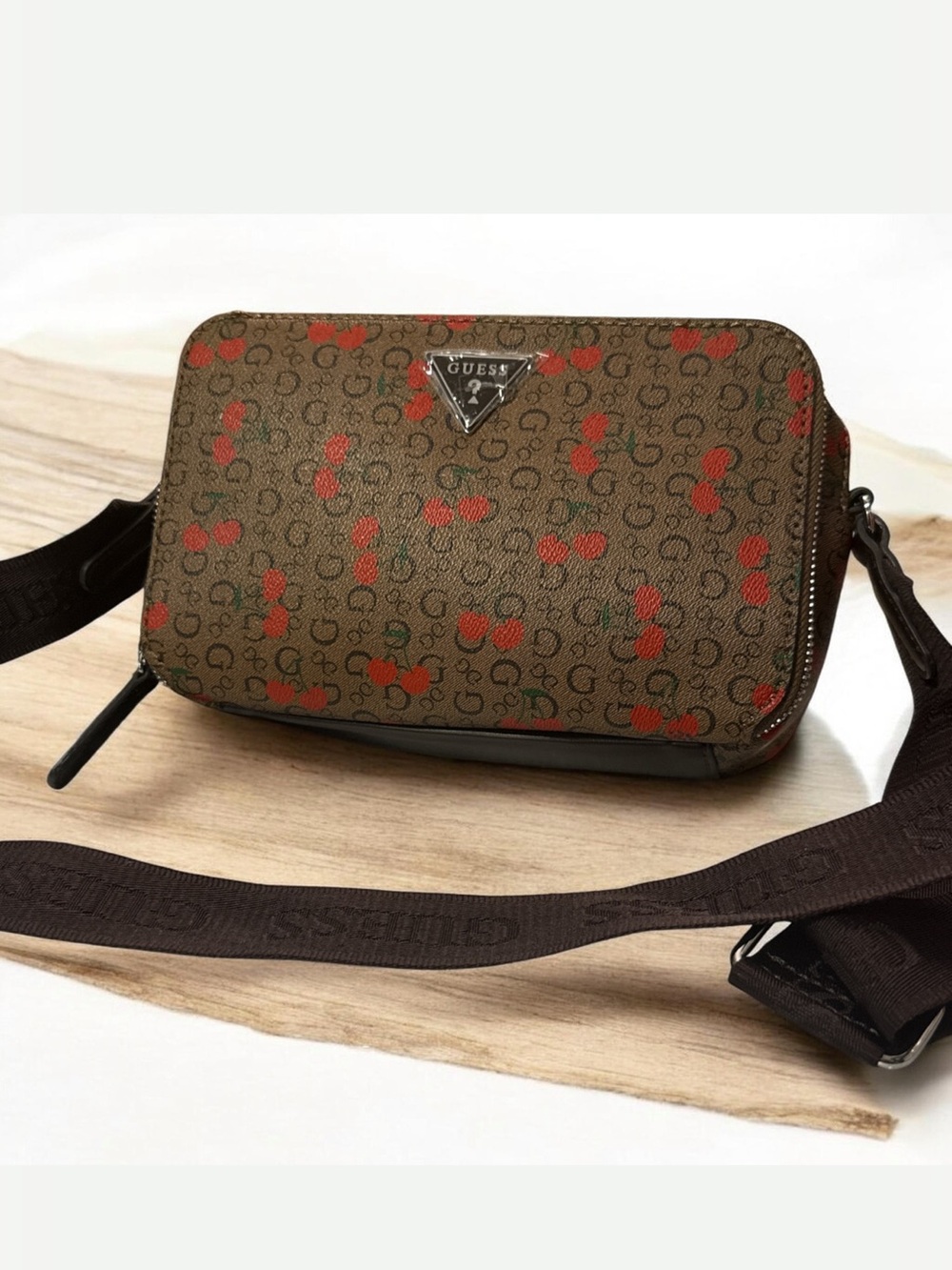 Guess Brown Crossbody NWOT with Red Cherry Print